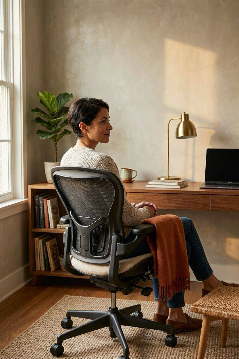 Ergonomic office chair styled with cushion and throw for a home office