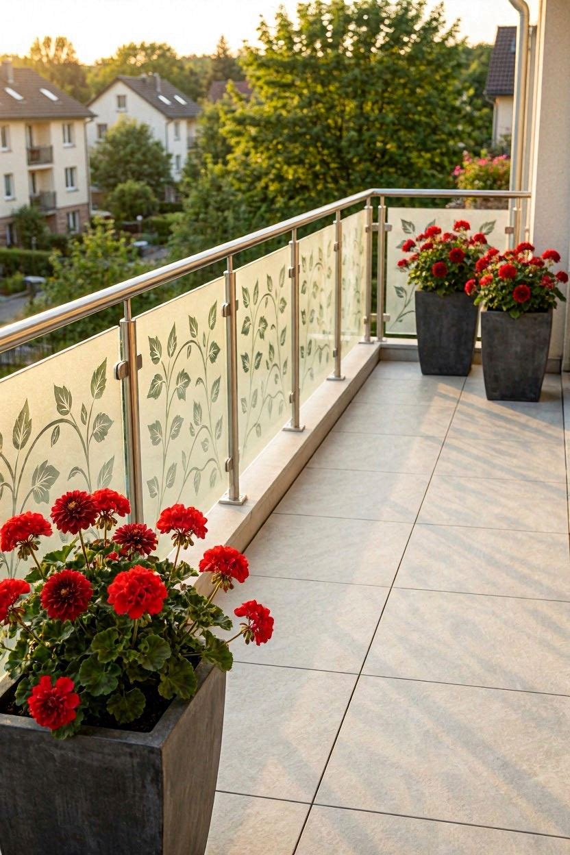 Elegant balcony glass railing with etched floral pattern and red flower planters in warm afternoon light