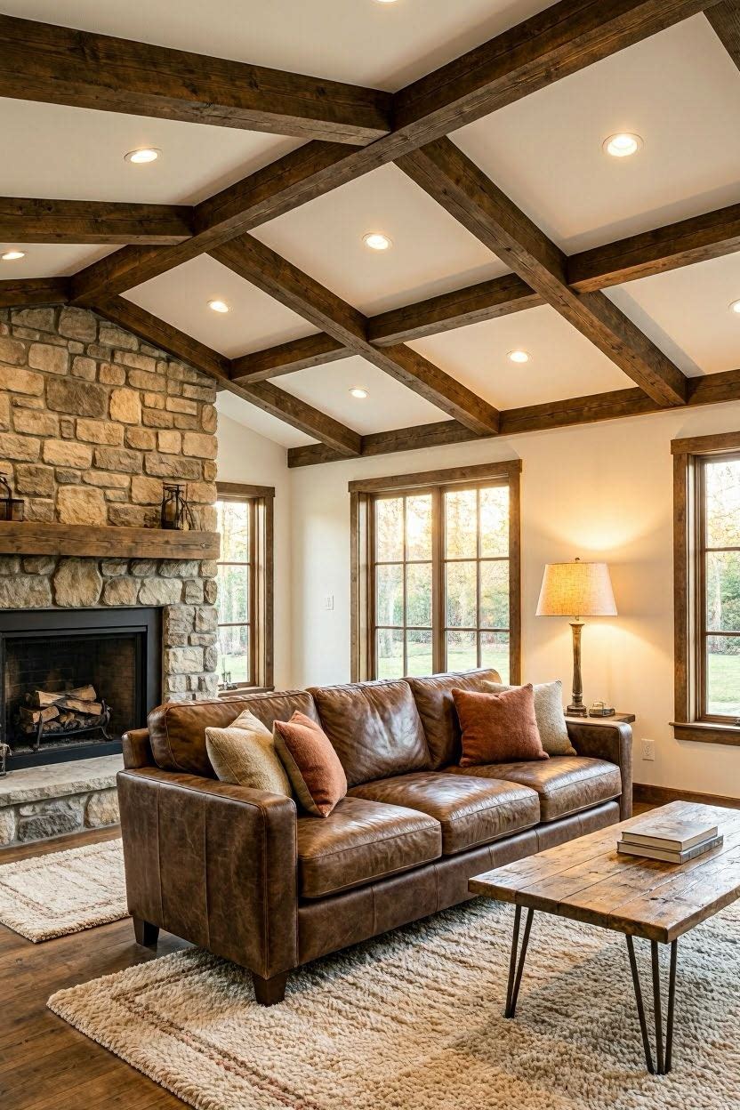 Exposed wood beam ceiling in a living room