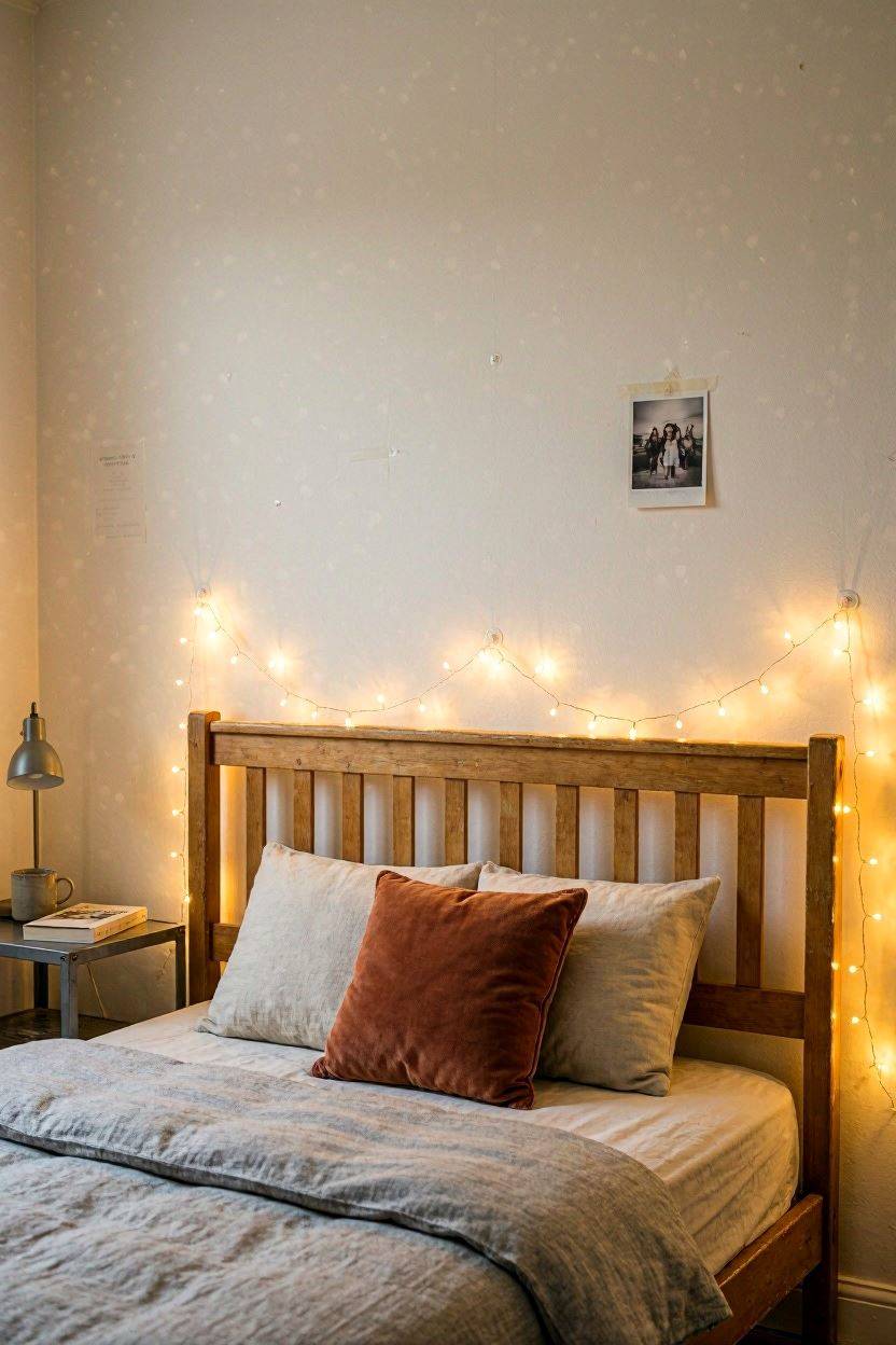 Warm fairy lights draped along the wall above a dorm bed headboard