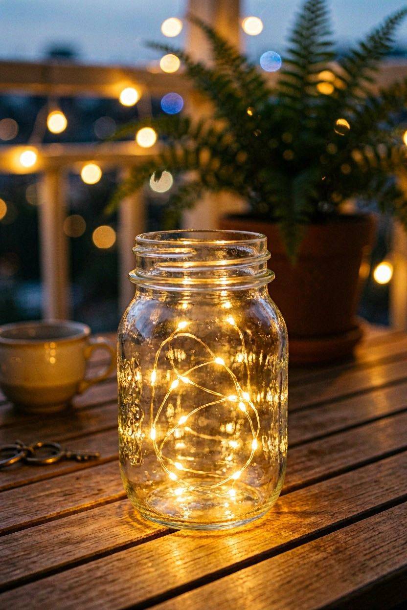 Fairy lights glowing inside a glass jar on a balcony table