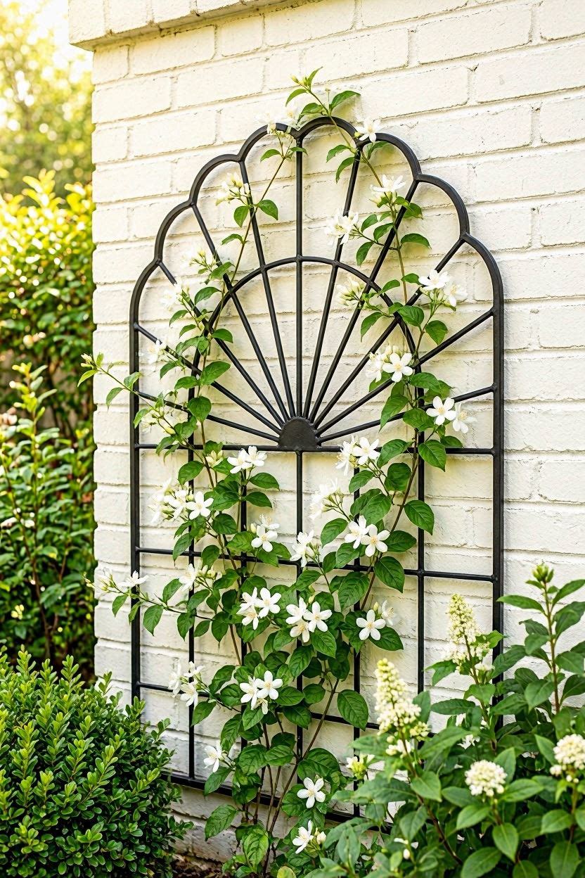 Black fan-shaped trellis panel mounted on white garden wall with climbing jasmine