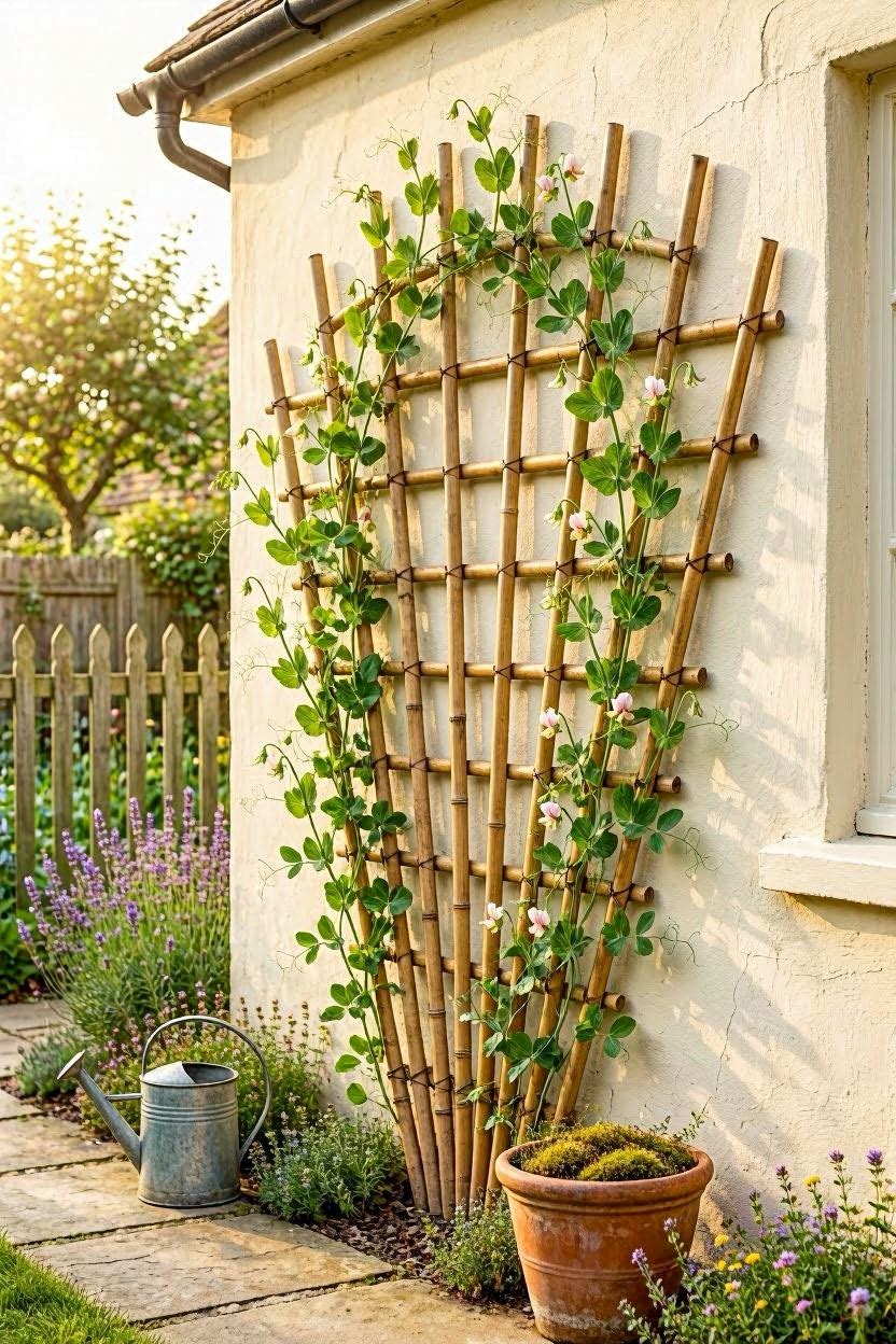 Decorative fan-shaped bamboo trellis with climbing pea vines spread across in a cottage garden