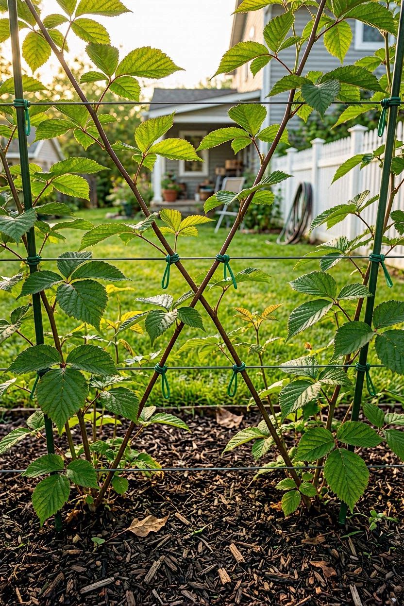 Fan-trained blackberry canes spread evenly across a two-wire trellis in summer