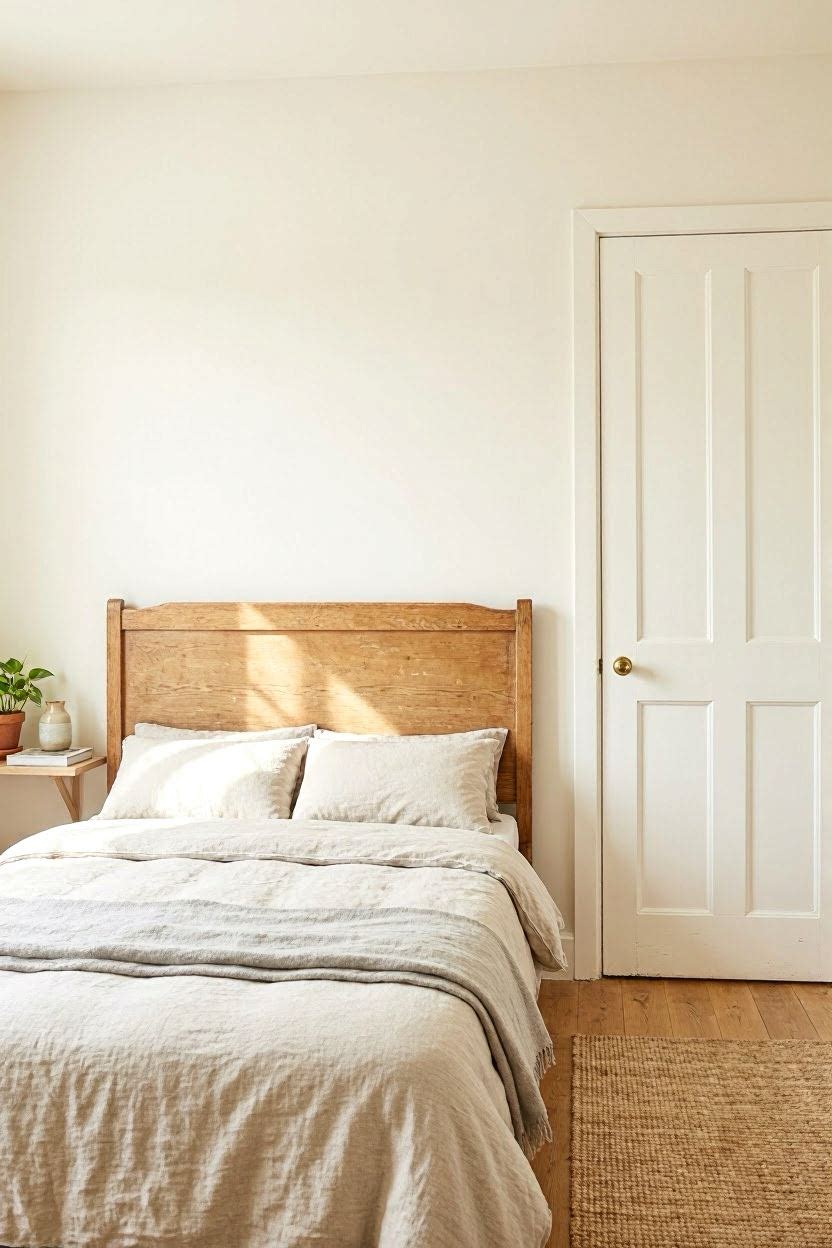 Bedroom with bed in feng shui command position against solid wall, diagonal view of door, neutral bedding