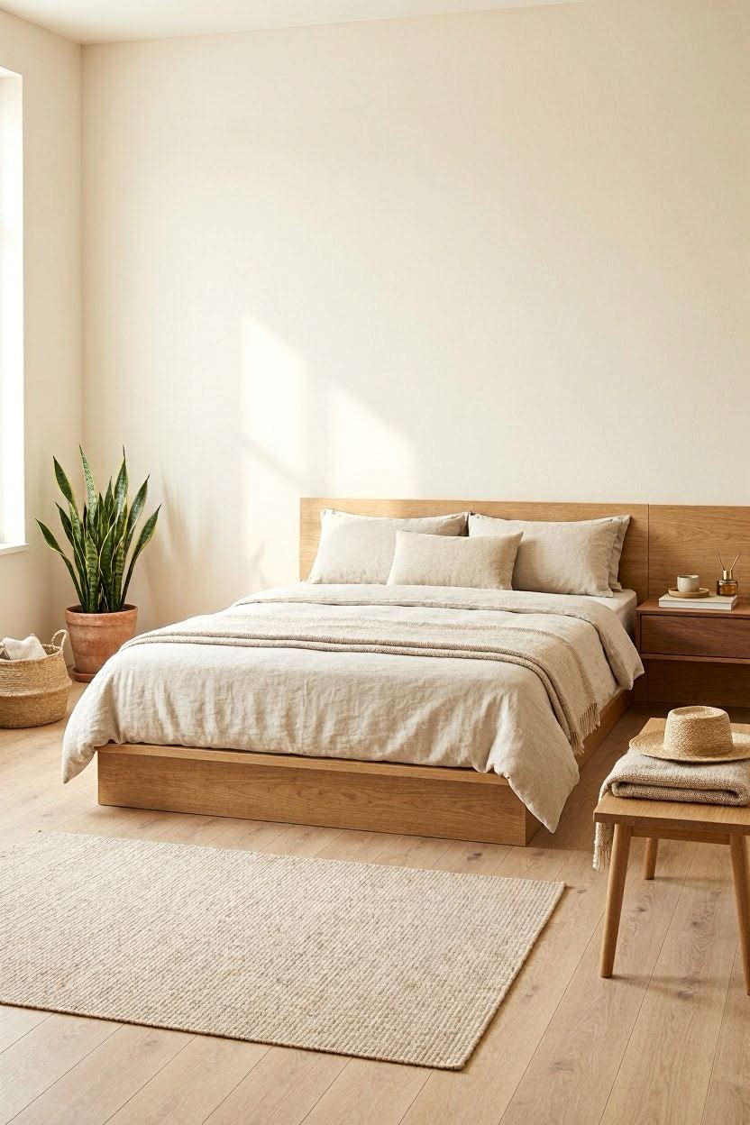Calm feng shui bedroom with low platform bed in command position, neutral earthy tones, soft lighting, and minimal clutter