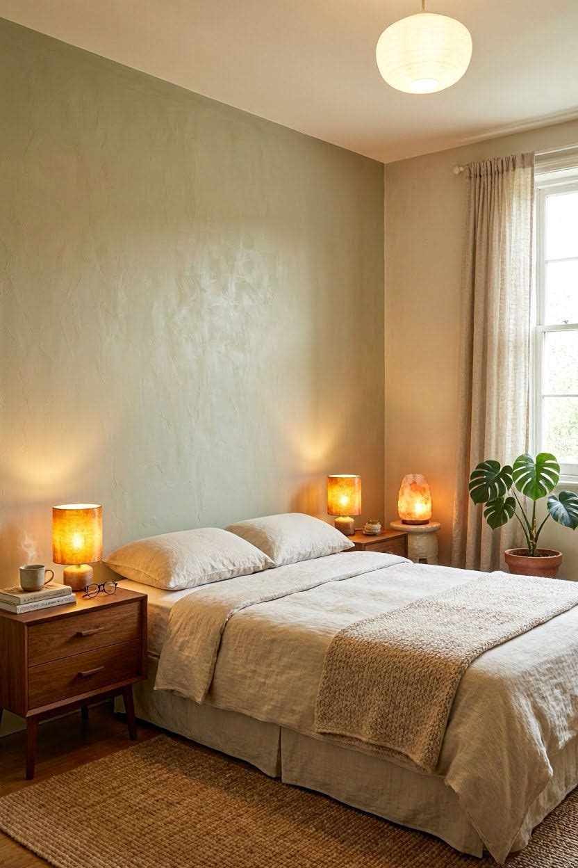 Cozy feng shui bedroom with warm amber bedside lamps, soft layered lighting, dimmed ambiance, neutral walls