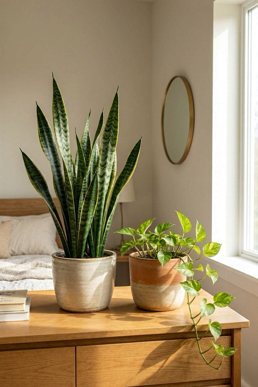 Snake plant and pothos in ceramic pots in a calm feng shui bedroom corner, soft light, earthy tones