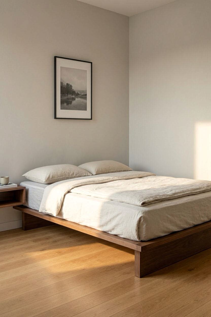 Minimal bedroom with clear space under a low platform bed, clean floors, soft neutral tones