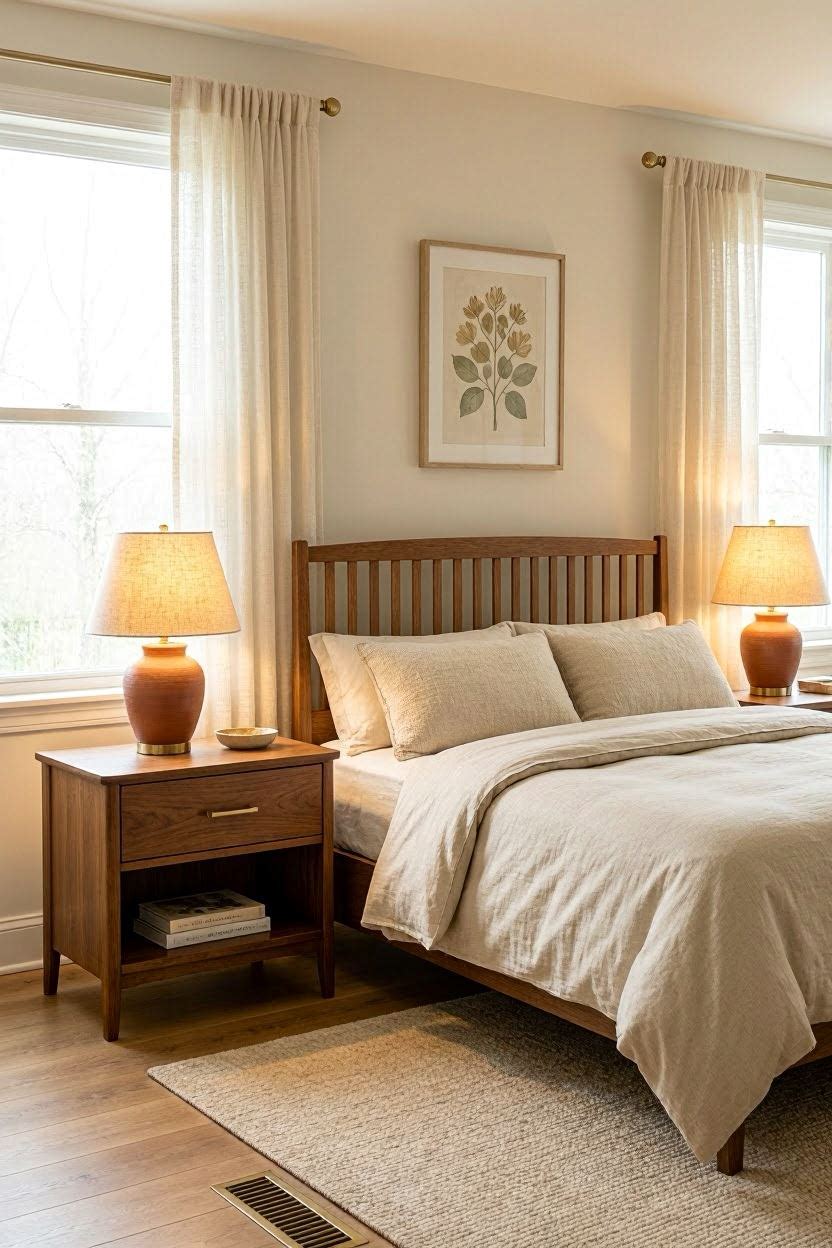 Two matching wooden nightstands with table lamps on either side of a neatly made bed, symmetrical feng shui bedroom setup