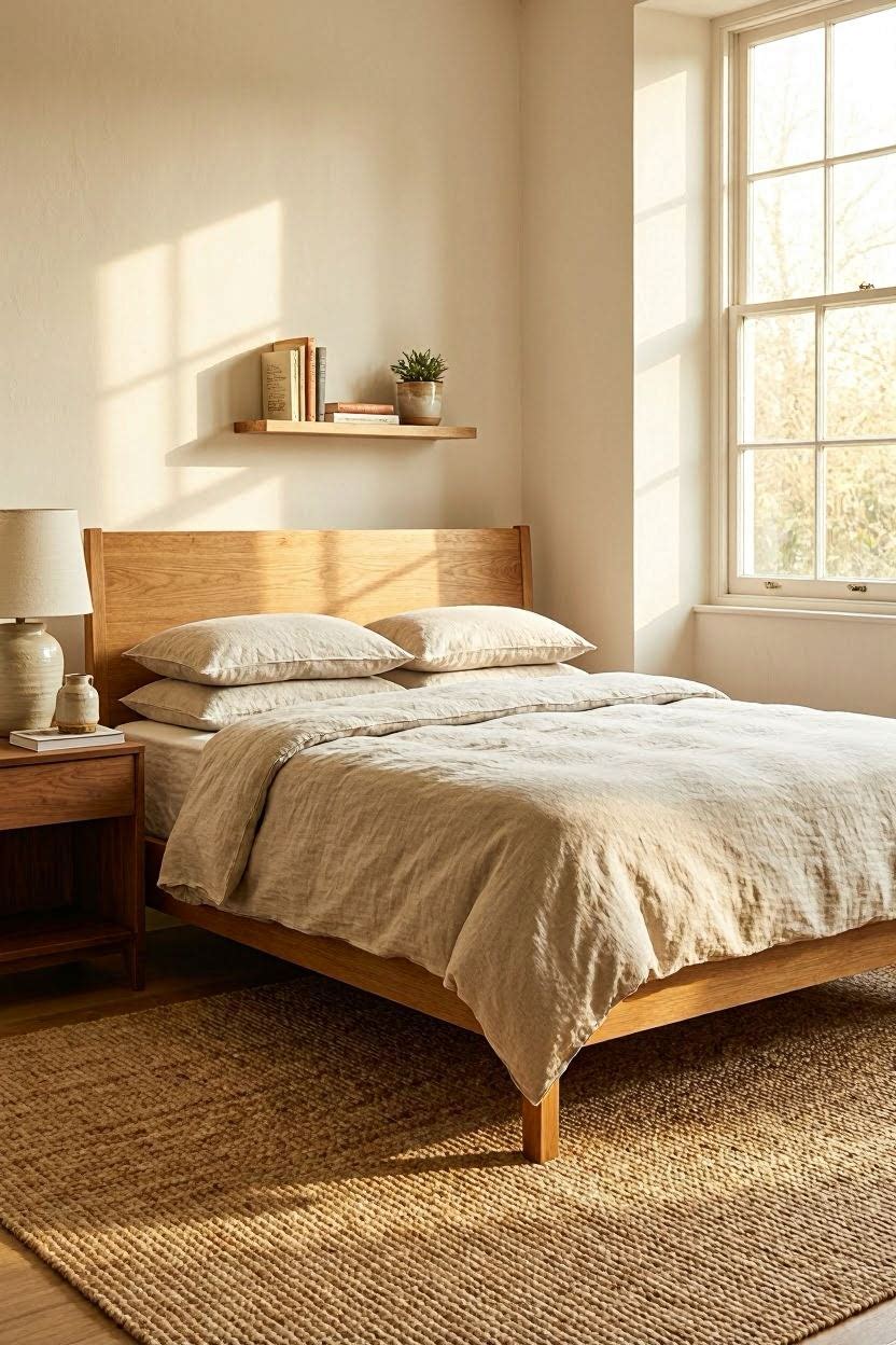 Natural linen bedding, wooden furniture, jute rug and ceramic accessories in a warm feng shui bedroom