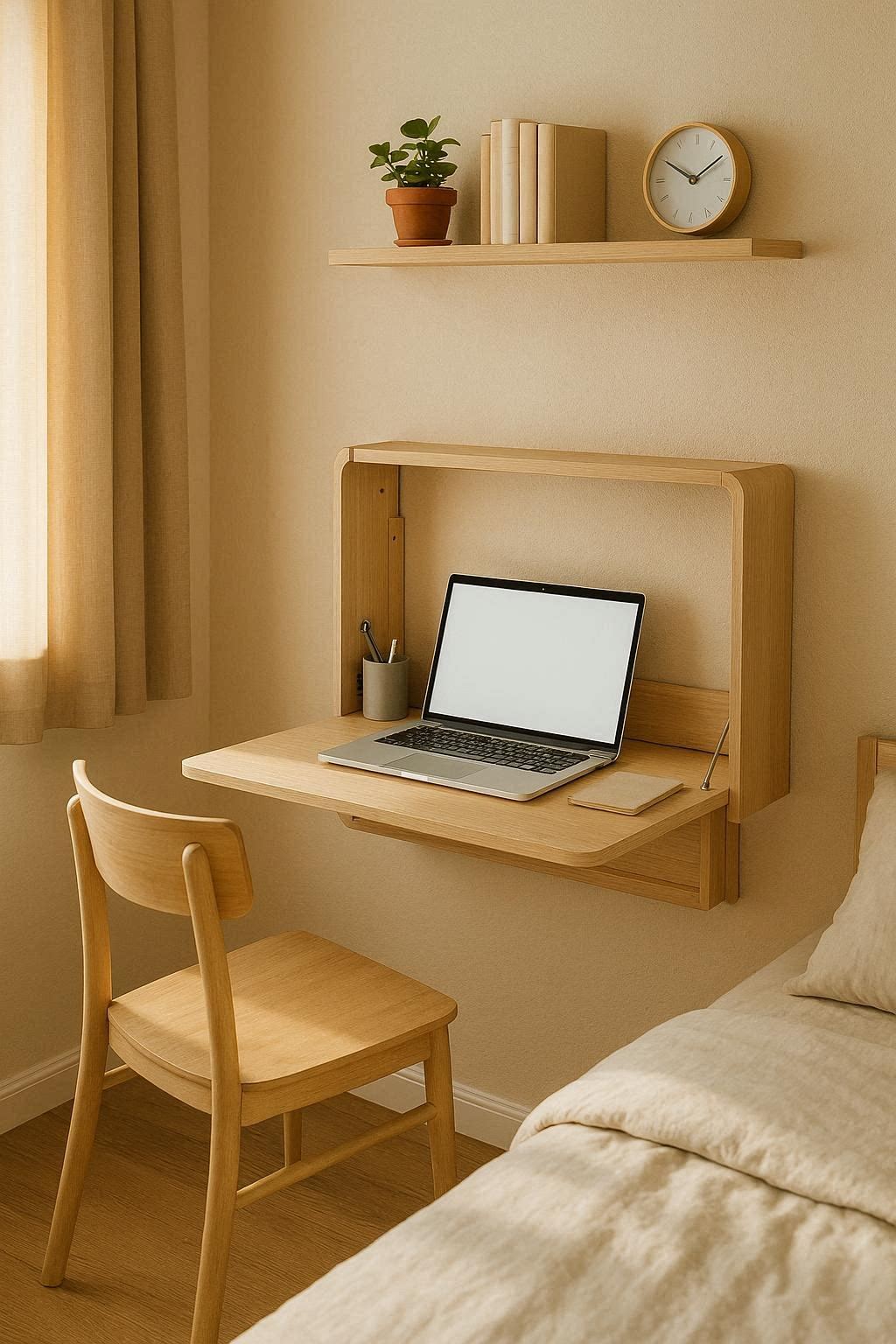 Floating wall-mounted desk with small shelf in a compact bedroom with a neutral color palette and organized workspace