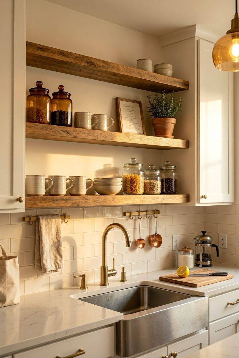 Floating shelves above kitchen counter holding mugs and jars