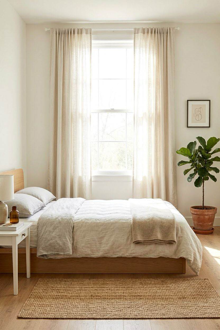 Floor-length linen curtains in a bright minimal bedroom