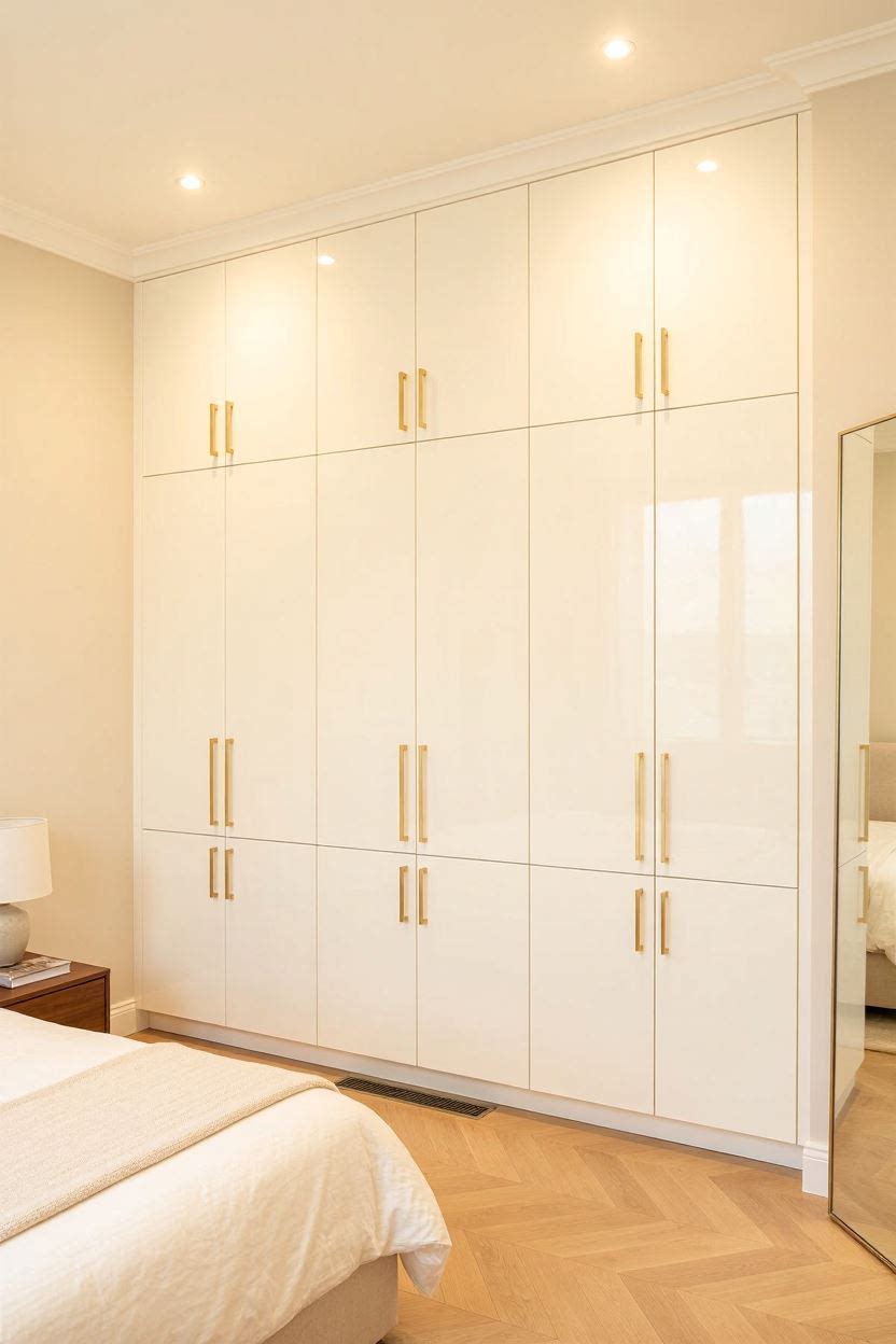 Floor-to-ceiling built-in wardrobe with white gloss panels and integrated loft storage in a USA master bedroom