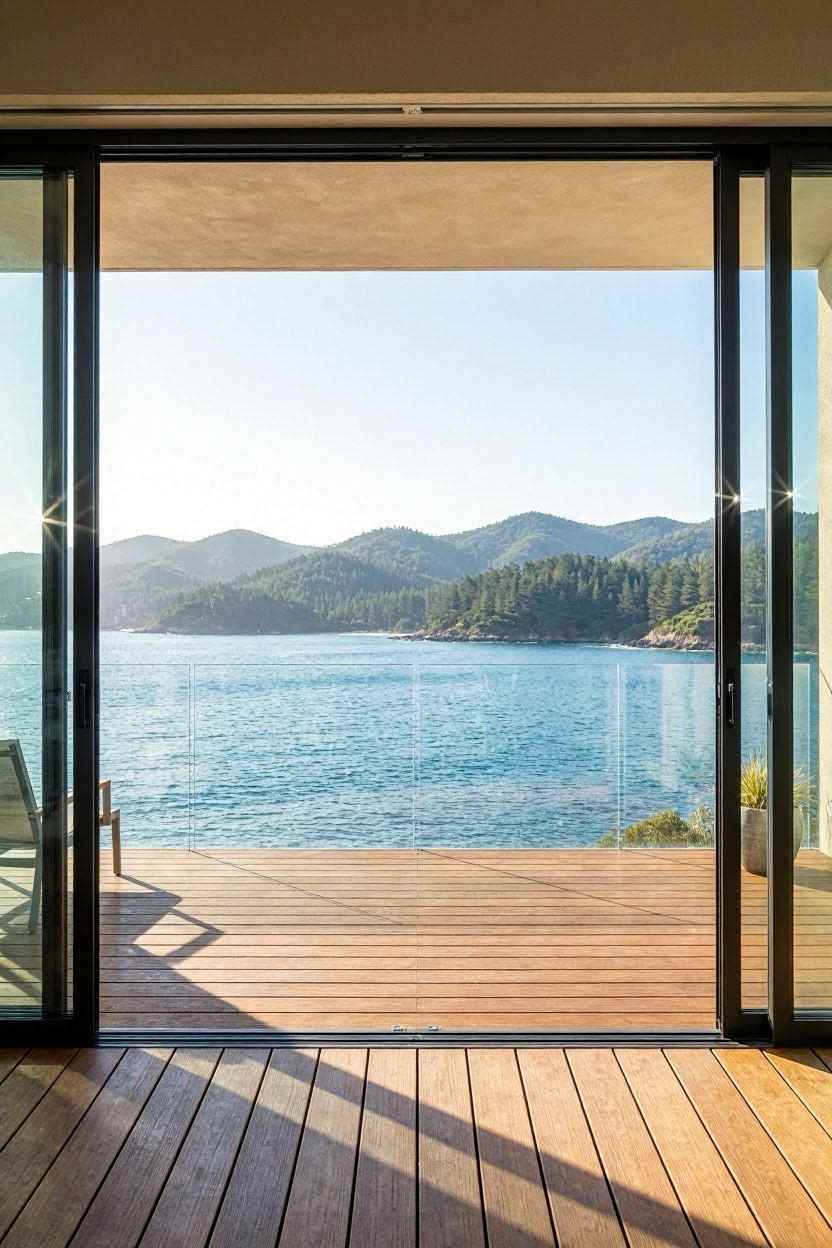 Modern enclosed glass balcony with floor-to-ceiling glass panels and panoramic ocean view at sunset