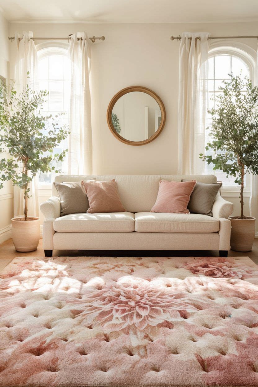 Large floral pink rug with giant flower pattern in a bright living room with cream sofas