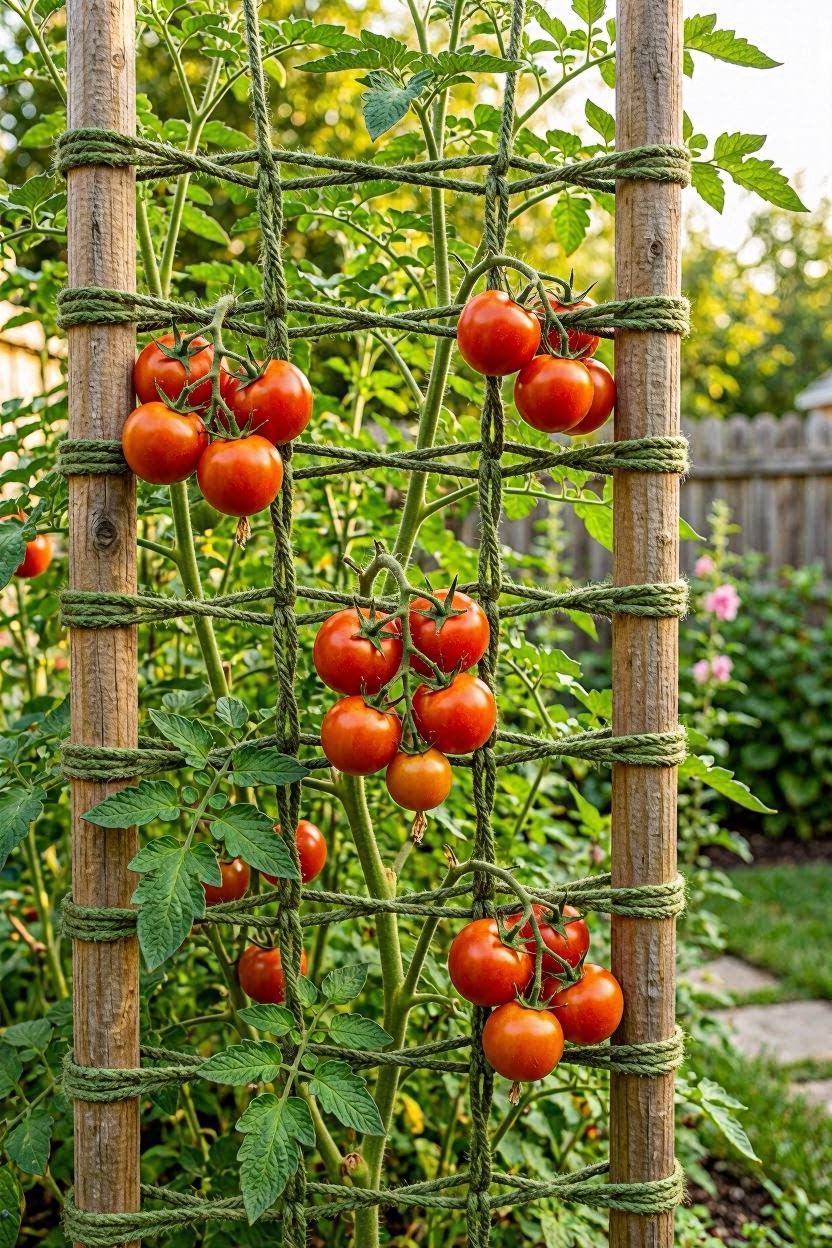 Step-by-step Florida weave tomato trellis with green twine woven between wooden stakes in a home vegetable garden