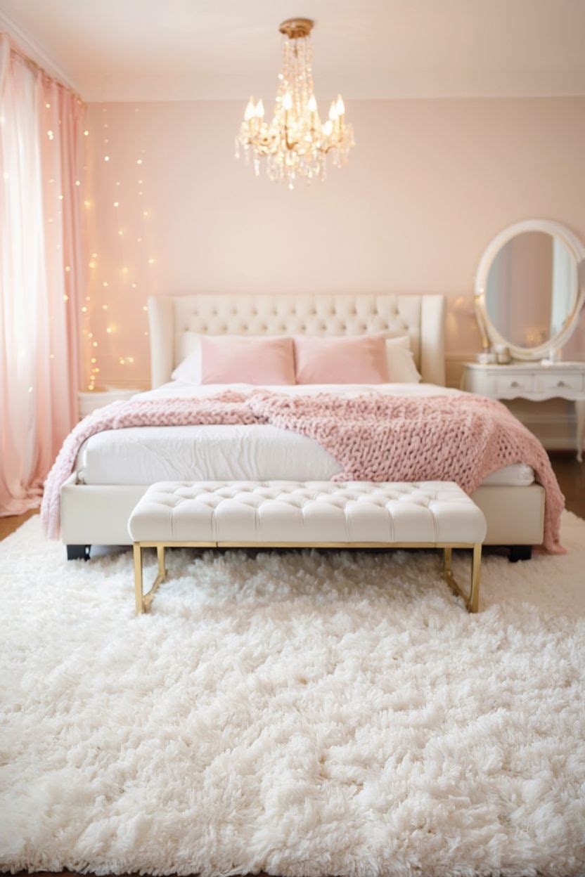 Ultra-fluffy white shag rug in a romantic pink and white bedroom with crystal chandelier, tufted velvet bench at foot of bed, and gold accents