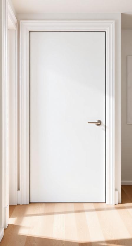 Flush hollow-core modern bedroom door being installed in a white minimalist bedroom frame