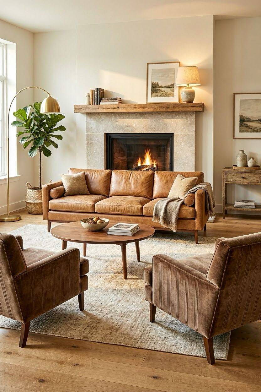 Living room layout arranged around a fireplace focal point
