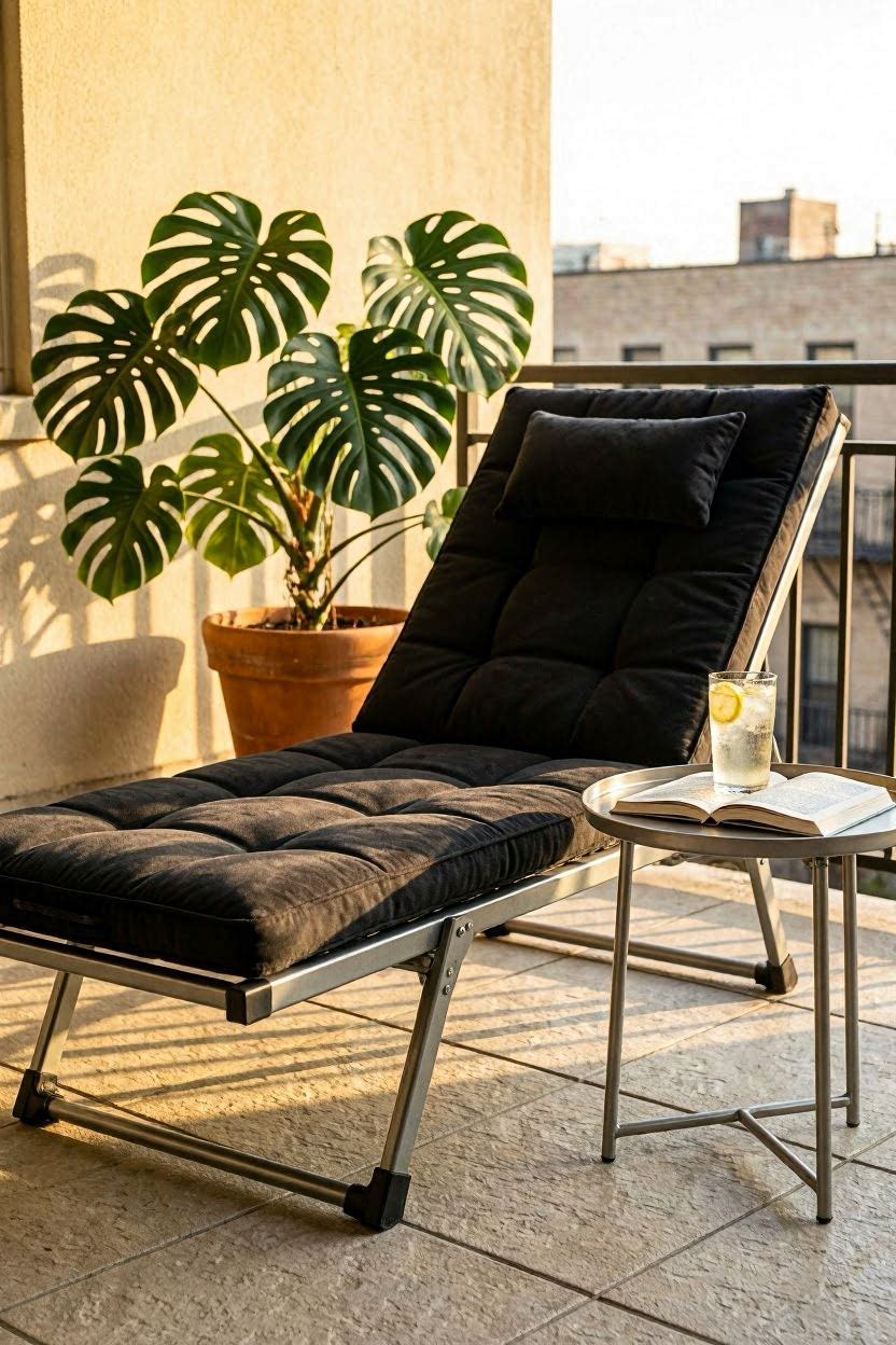 Black folding chaise lounge chair with thick tufted cushion and headrest on an apartment balcony in afternoon sunlight