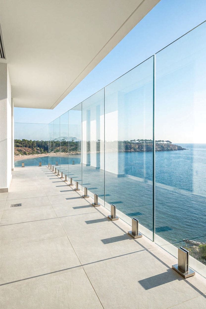 Frameless glass balcony railing with stainless steel posts and panoramic sea view