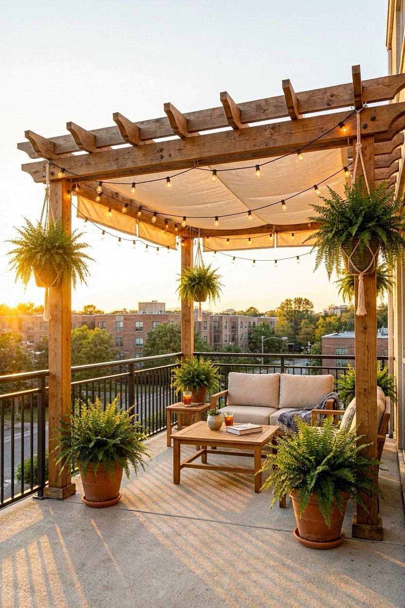 Freestanding pergola with fabric canopy on a large apartment balcony
