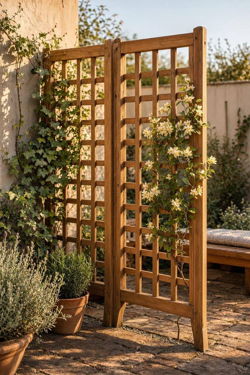 Freestanding trellis screen used as a garden divider