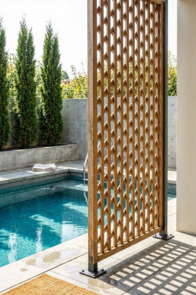 Freestanding trellis privacy panel near a pool patio corner