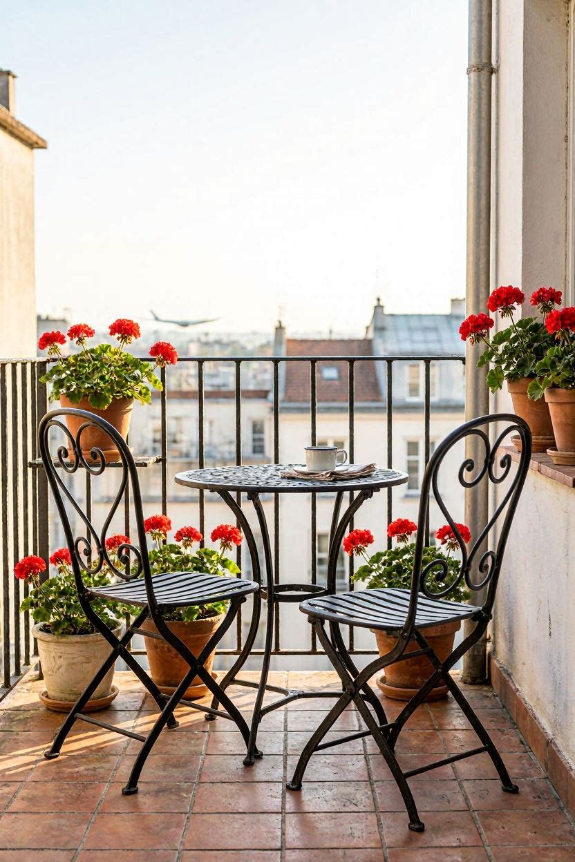 Two black wrought iron bistro chairs and a round table on a small French balcony with potted geraniums