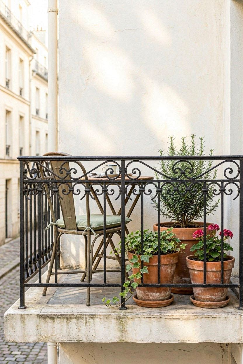 French balcony colour palette with terracotta pots, white wall, black iron railing and sage green cushions