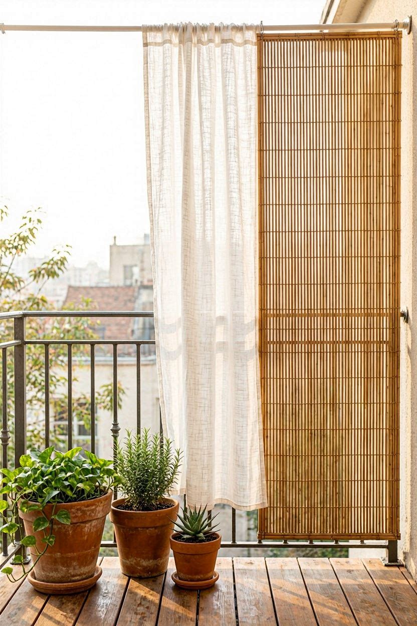 Bamboo roll-up privacy screen on a small balcony railing with white curtains and potted plants beside it