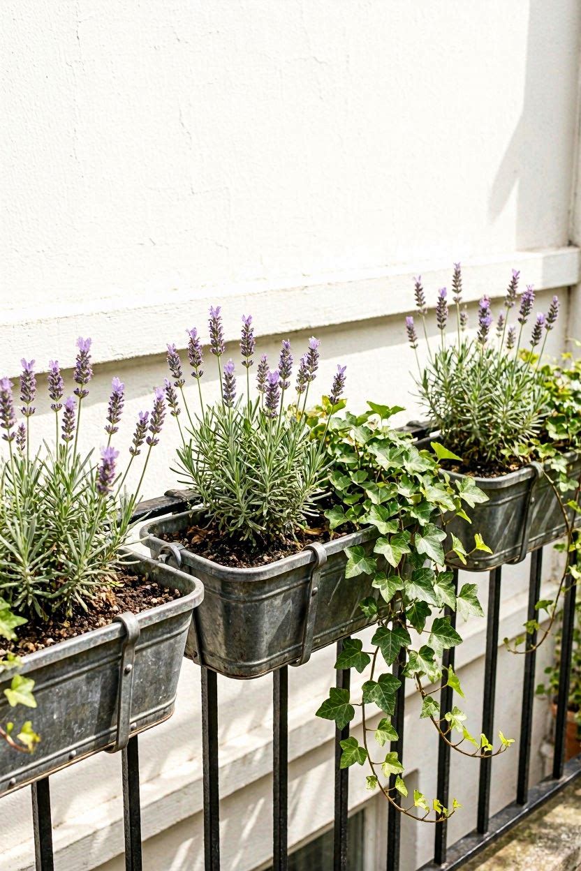 Railing-mounted metal planters filled with lavender and trailing ivy on a narrow French balcony