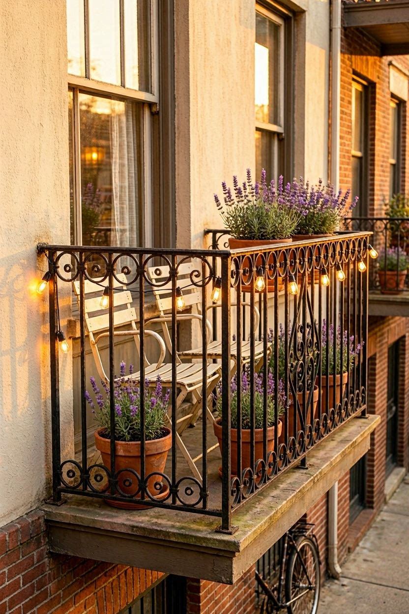 A small French balcony with wrought iron railing, potted lavender, bistro chairs and string lights at golden hour