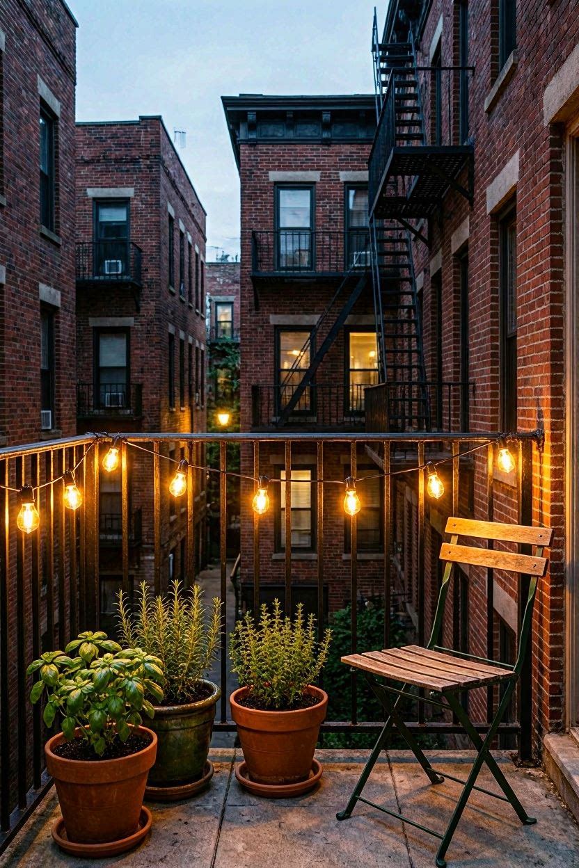Warm Edison string lights draped along a small French balcony railing at dusk with potted herbs below