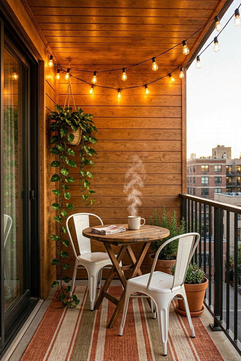 Stylish modern balcony with lush greenery, cozy seating, and warm string lights at dusk