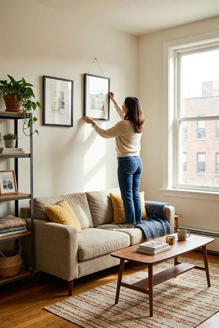 Gallery wall with framed art above sofa in small apartment living room