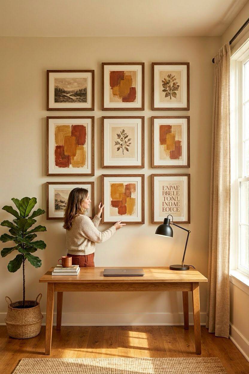 Gallery wall of framed art above a home office desk