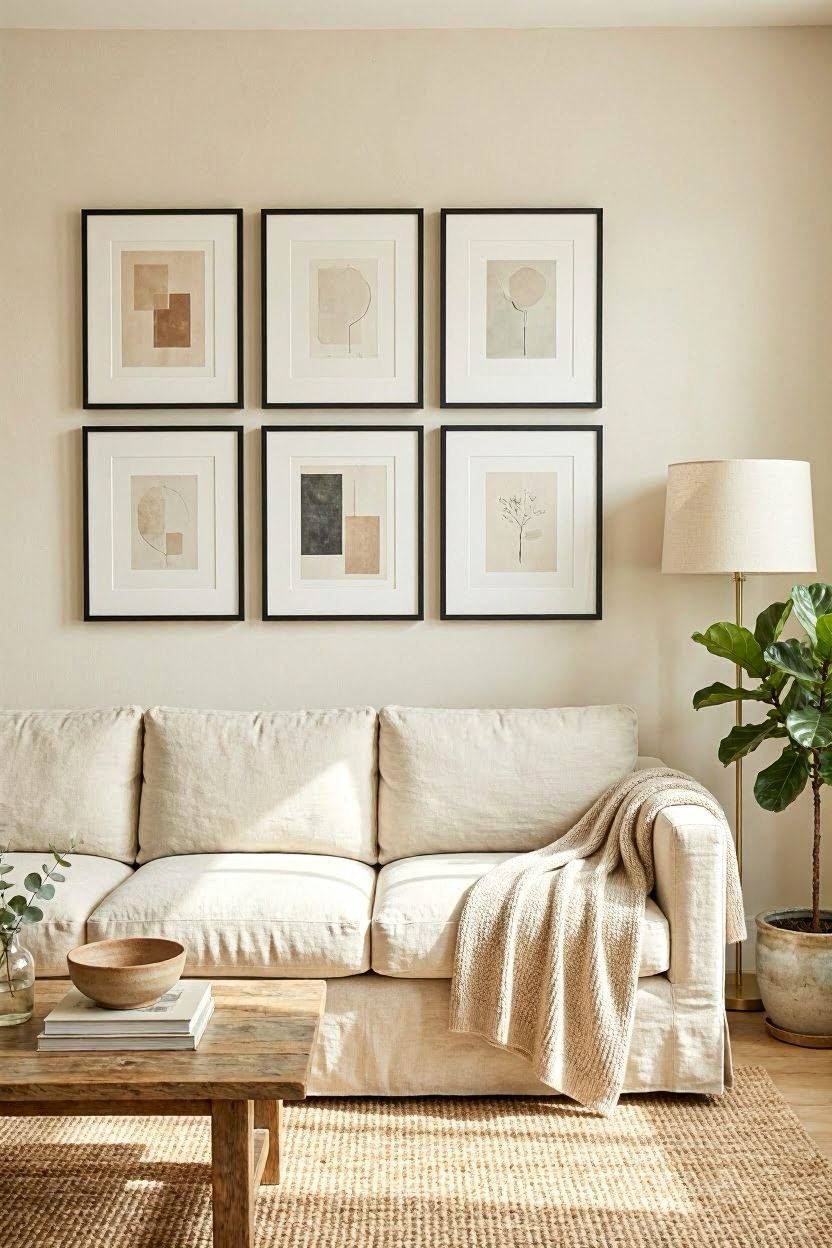 Gallery wall arrangement of framed art above a living room sofa