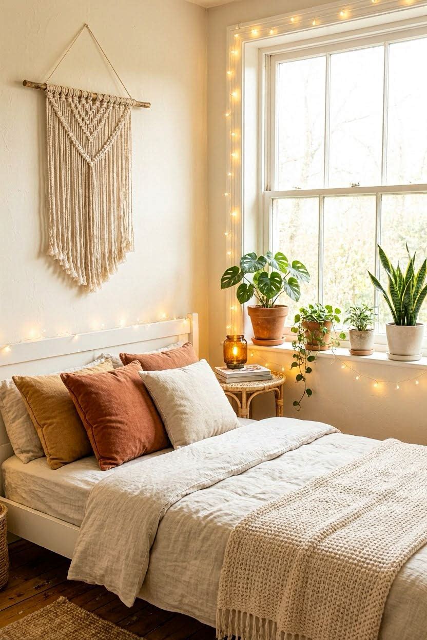 Small boho girl bedroom with macramé wall hanging, rattan furniture, warm neutrals, fairy lights, and potted plants