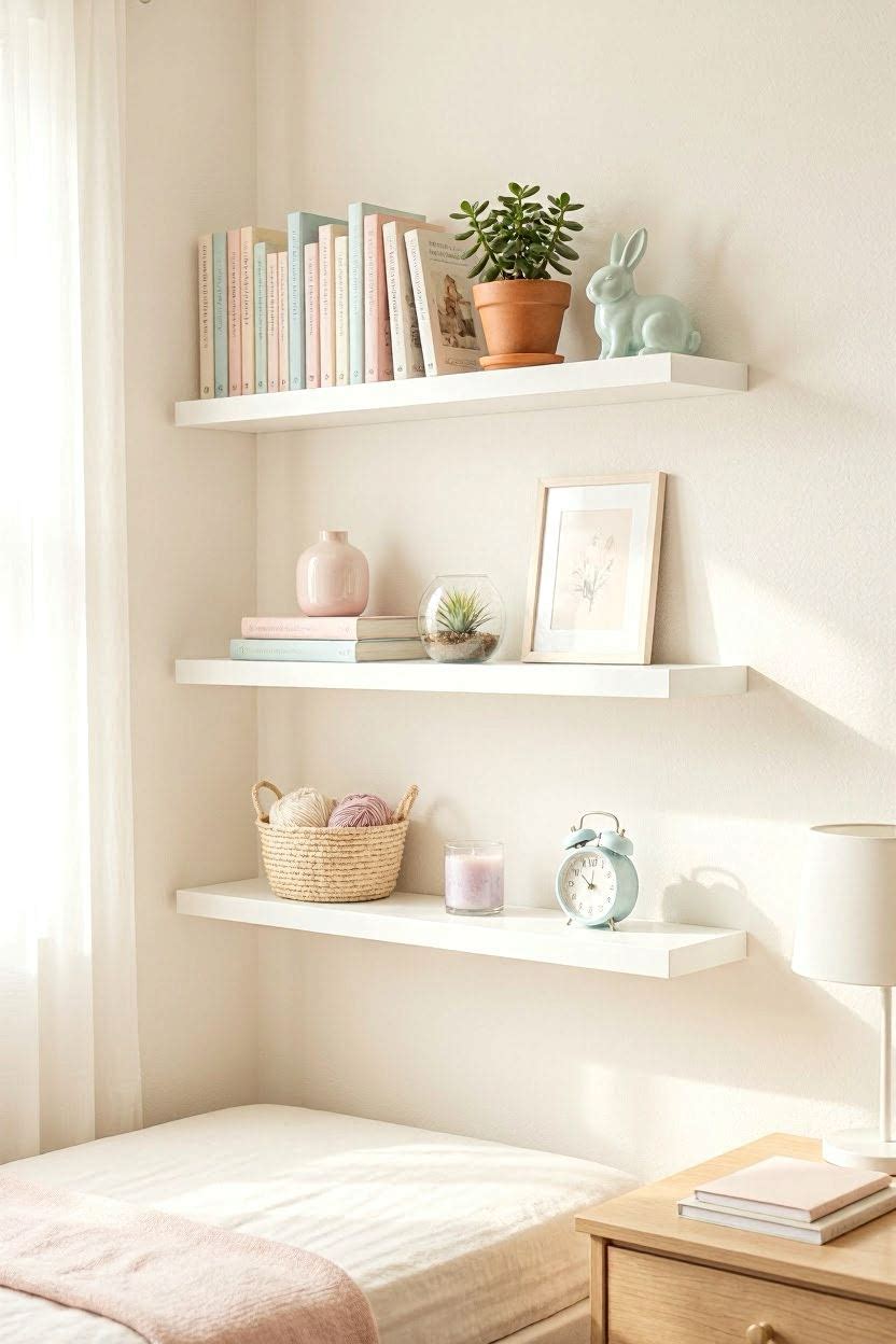 Girl bedroom wall with white floating shelves, books, plants, and decorative items above desk area
