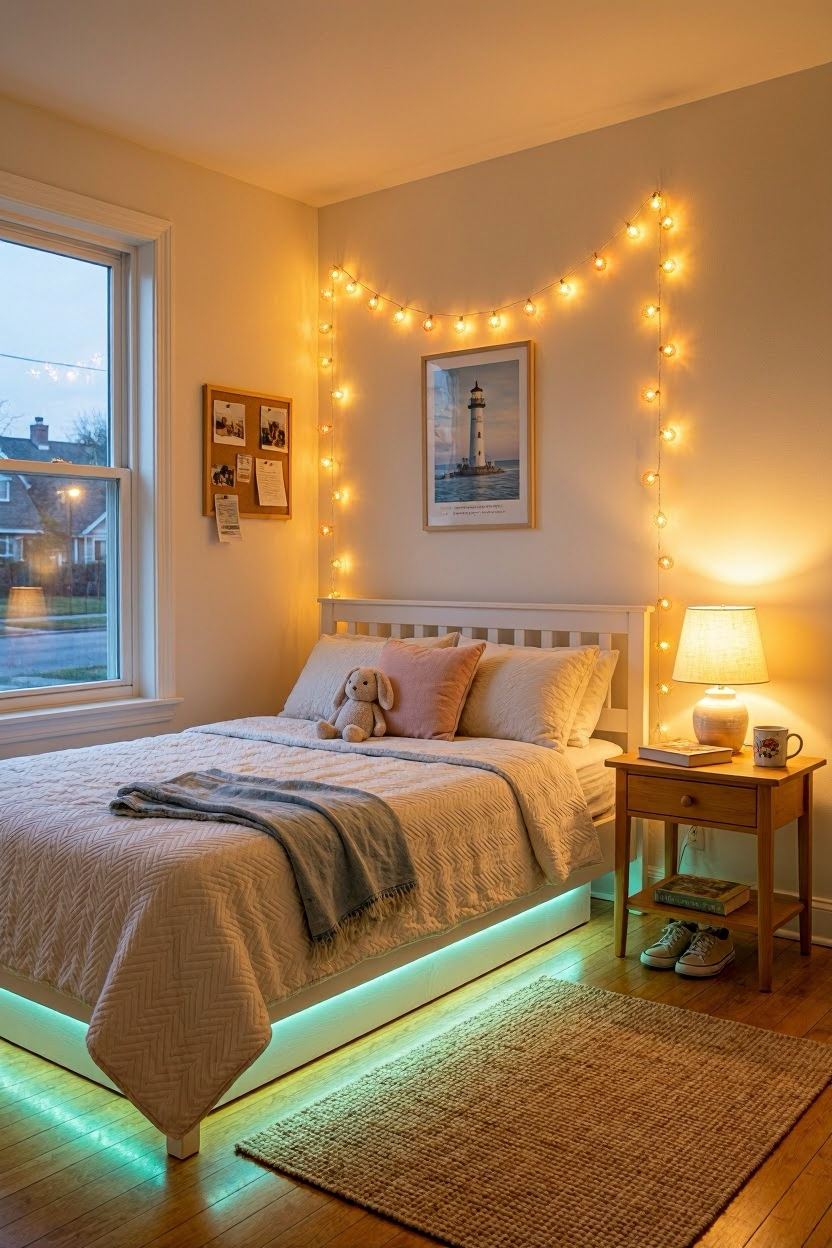 Girl bedroom with warm fairy string lights on wall, bedside table lamp, and soft LED strip behind headboard