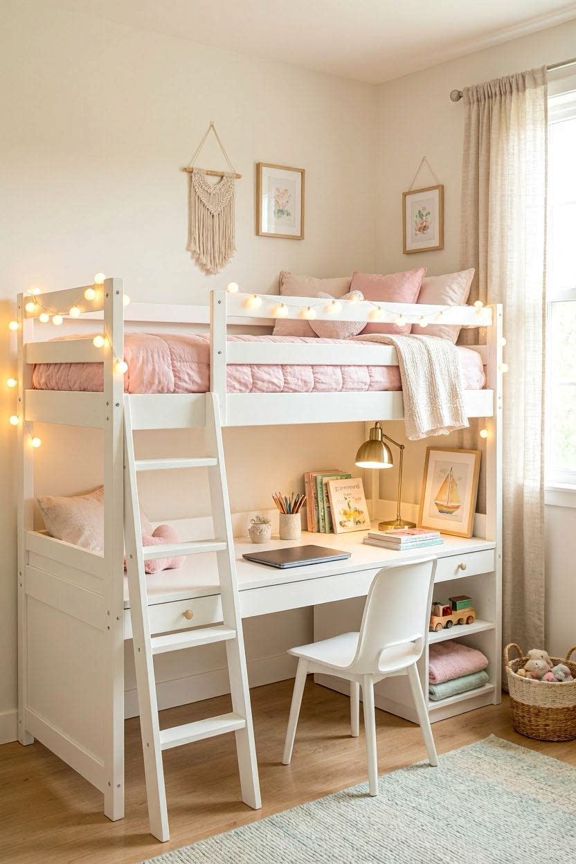 White loft bed with desk underneath, pink bedding, string lights, and study area in small girl bedroom