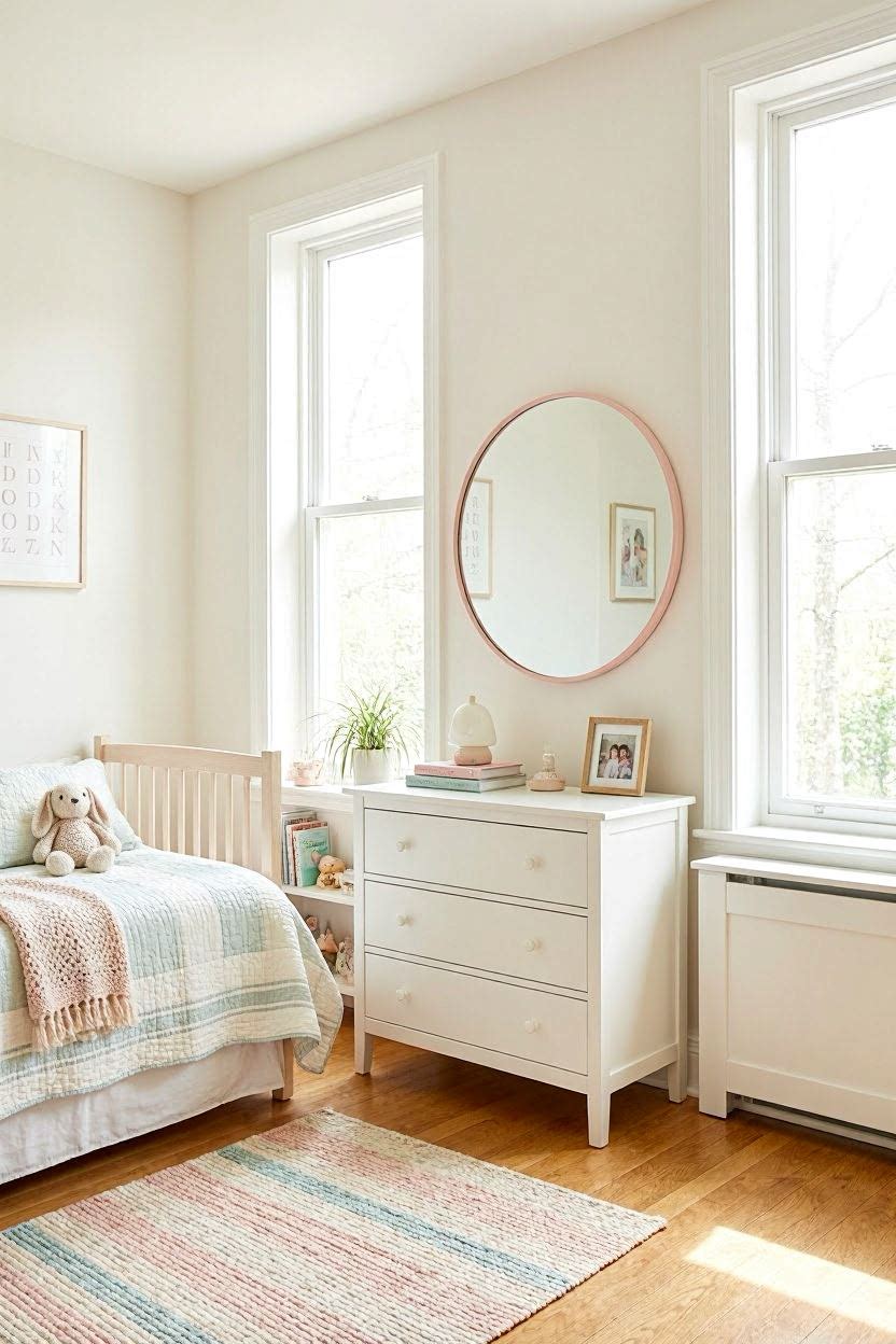 Small girl bedroom with large round blush-framed mirror above dresser reflecting natural window light