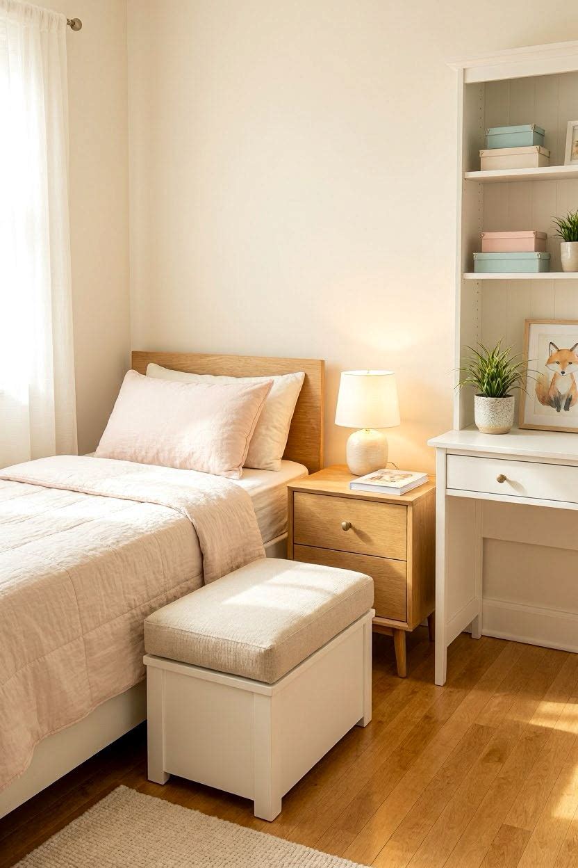 Small girl bedroom with white storage ottoman, fold-out desk, and corner shelving unit in compact layout