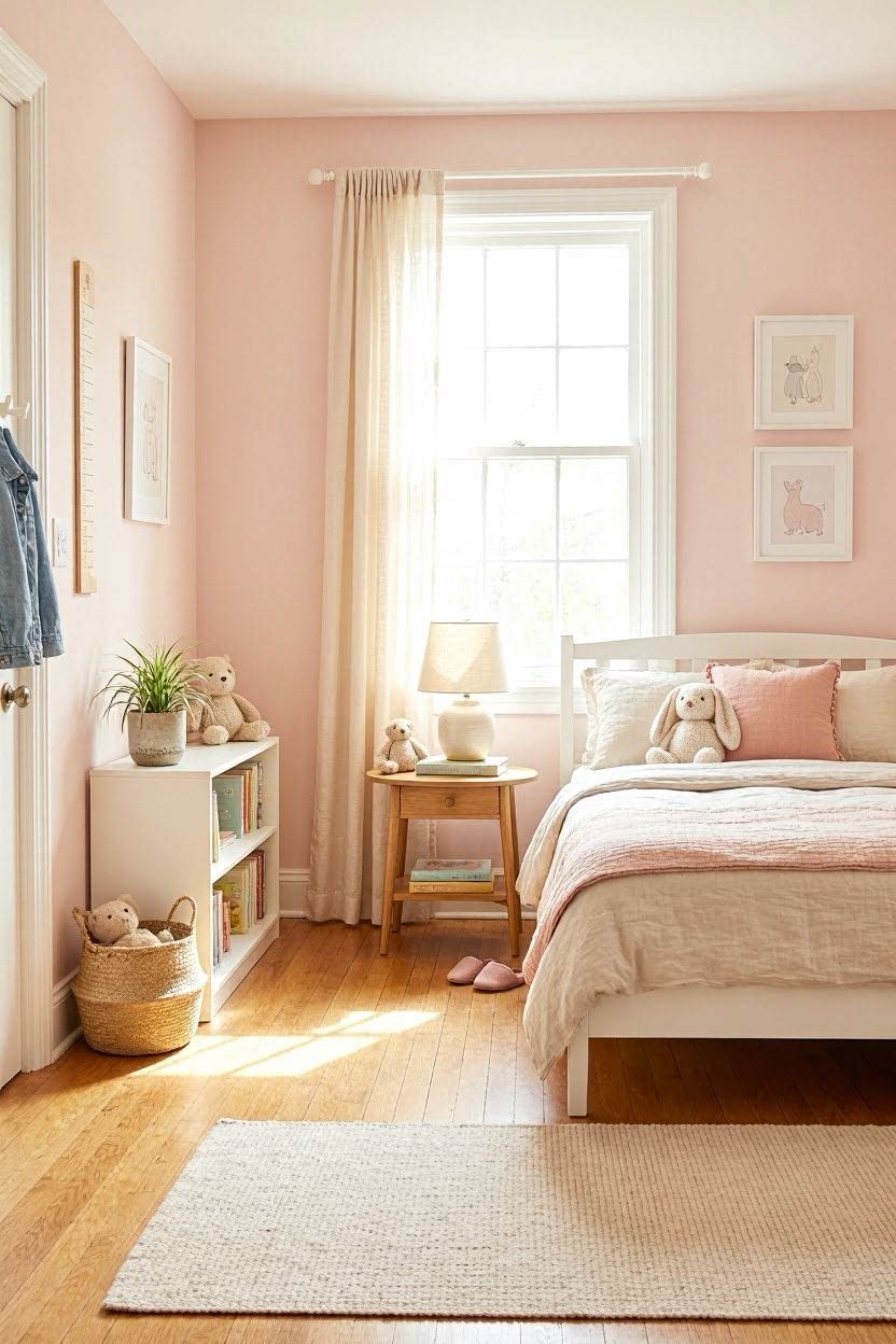 Small girl bedroom painted soft blush pink with white trim, natural light, and airy minimalist decor