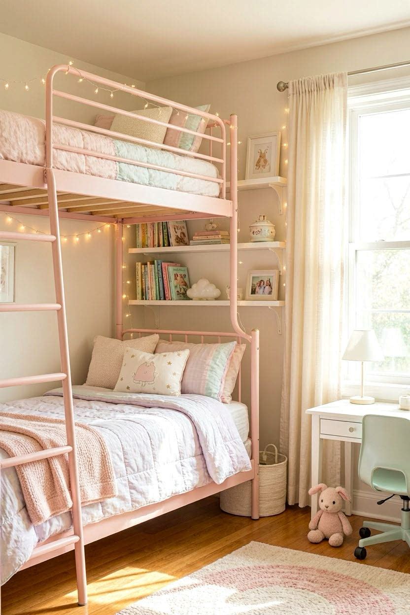 Small girl bedroom with pink loft bed, fairy lights, white floating shelves, and cozy pastel decor