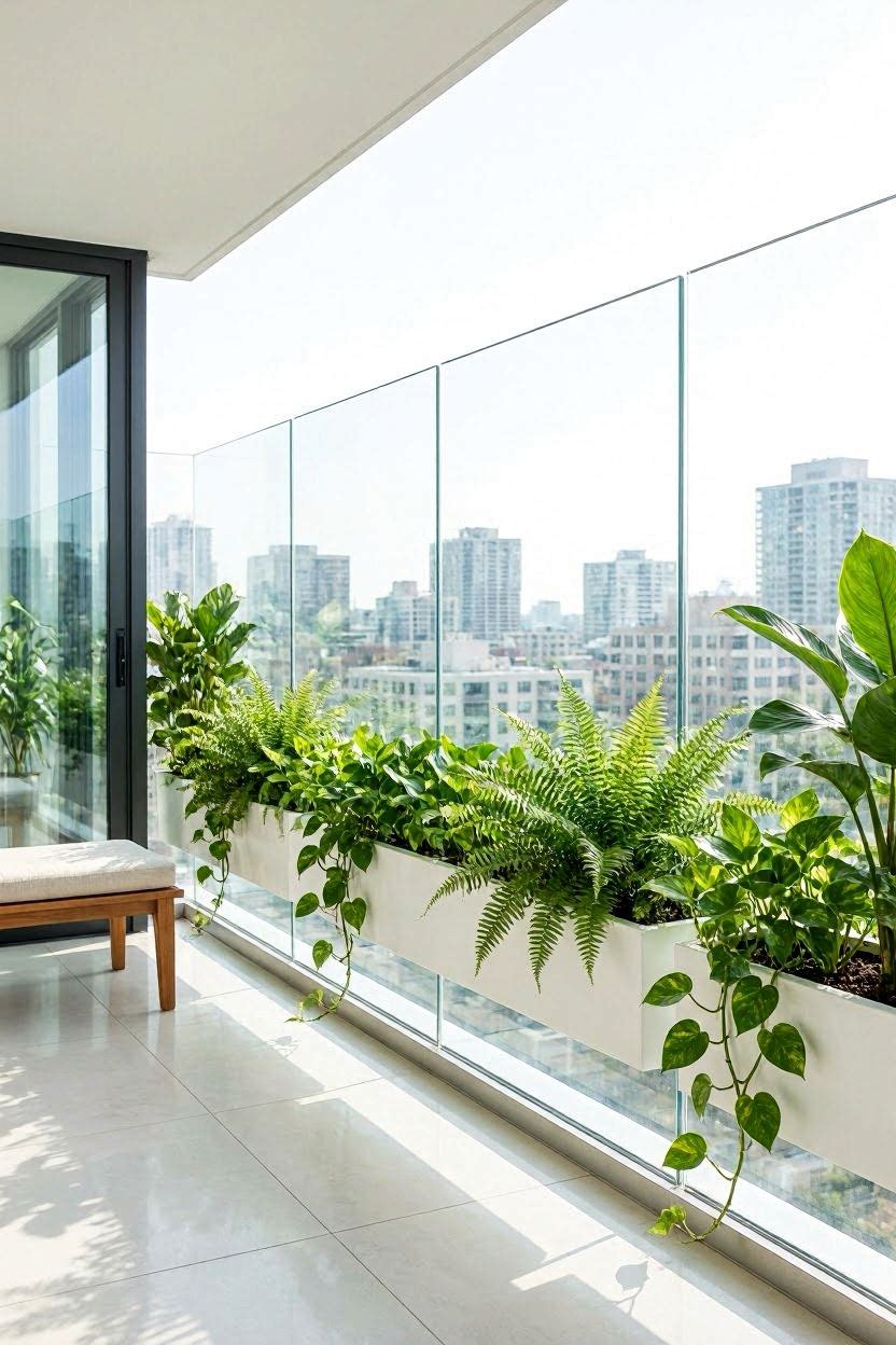 Modern white balcony with frameless glass railing and built-in green planter boxes filled with trailing plants