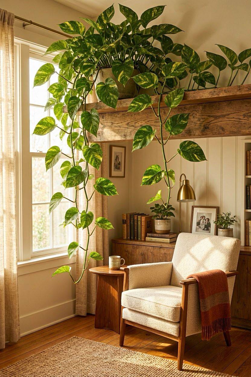 Golden pothos hanging in a low light corner shelf
